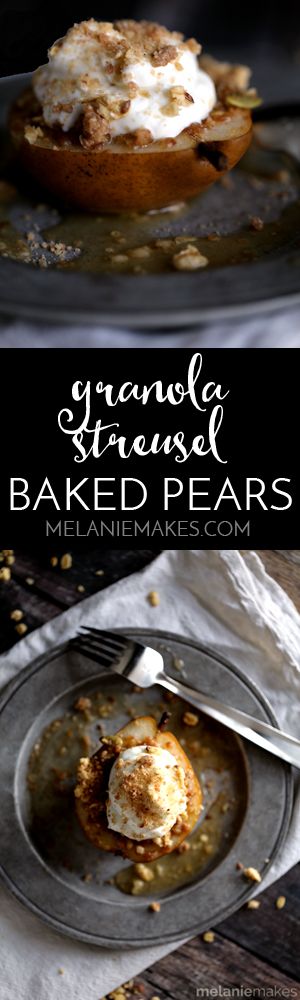 These Granola Streusel Baked Pears couldn't be easier to make and make a great breakfast treat or even a fabulous - almost healthy! - dessert. Gorgeous D'Anjou pears are stuffed with a delicious cinnamon granola streusel and baked in an apple juice bath until fork tender. A dollop of Greek yogurt is placed on top before being sprinkled with yet more struesel.