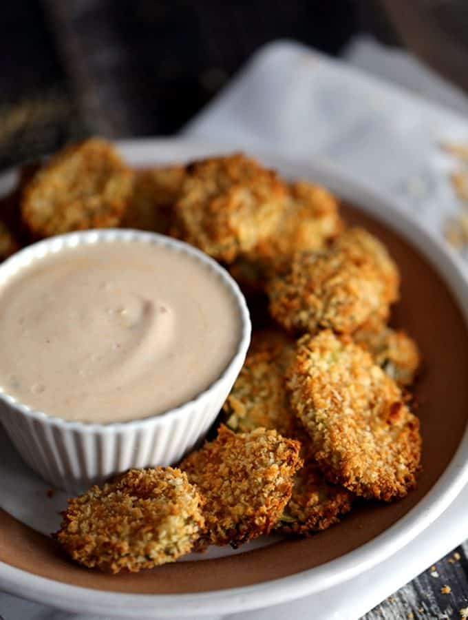 Oven Baked Pickle Chips with Horseradish Chipotle Sauce | Melanie Makes