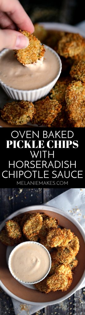 A favorite appetizer gets a makeover! These Oven Baked Pickle Chips with Horseradish Chipotle Sauce are not only baked instead of fried, but their flavor quotient has been upped thanks to being dredged in an amazing horseradish sauce.