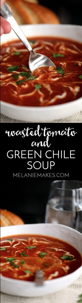My Roasted Tomato and Green Chile Soup is a Mexican spin on your childhood favorite and guaranteed to ward off winter's chill. Roasted tomatoes, green onions, carrots and green chiles provide the base flavors for this homemade soup that's better than anything you'll find in a can.