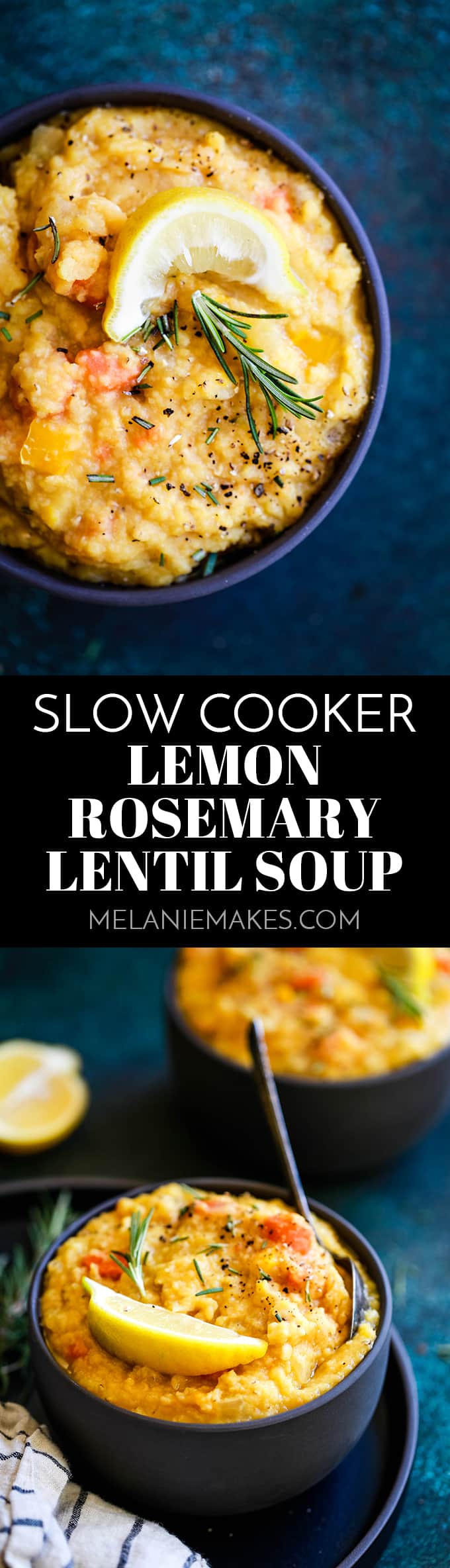 This Slow Cooker Lemon Rosemary Lentil Soup is one of the easiest soups to ever come out of your kitchen. Fresh vegetables, lemon and rosemary become an amazingly hearty soup with minimal effort. #lentils #slowcooker #crockpot #soup #lemon #rosemary #easyrecipe #easydinner