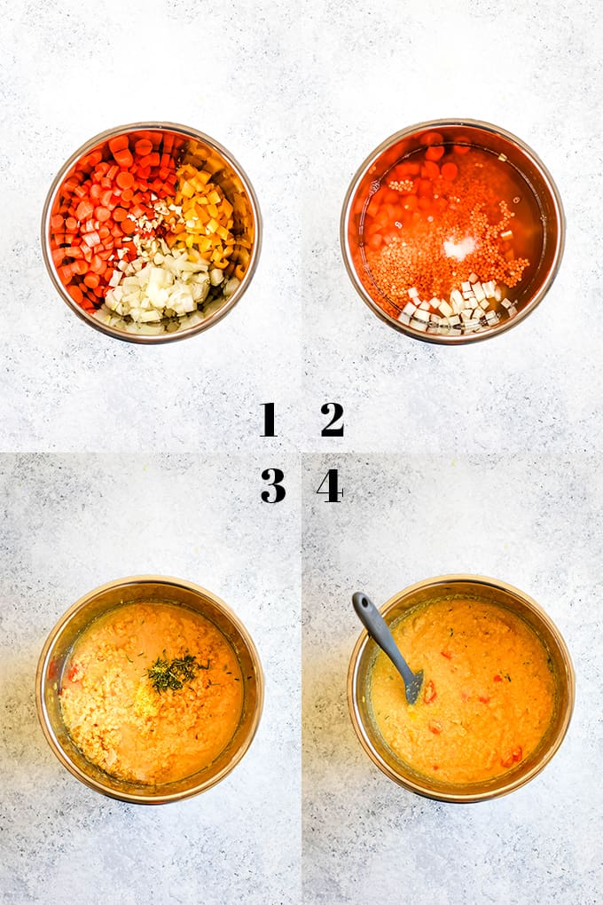 Step by step photos of how to create Slow Cooker Lemon Rosemary Lentil Soup.