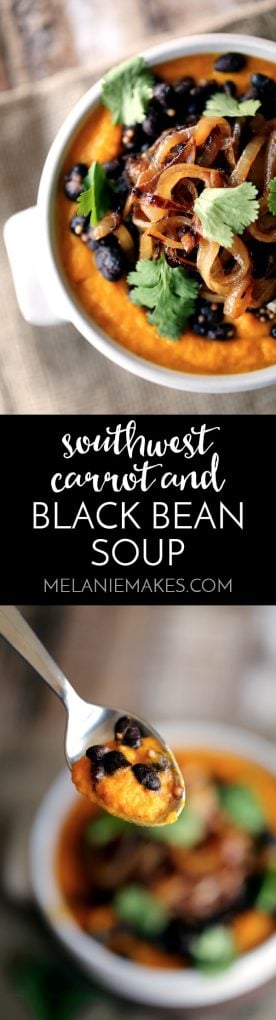 This velvety Southwest Carrot and Black Bean Soup is both hearty and satisfying and you won't want to share a single spoonful. Roasted carrots are pureed and studded with spiced black beans before being crowned with a generous tangle of fried onions and fresh cilantro.