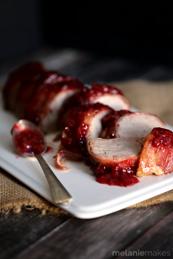 Bacon Wrapped Cherry Merlot Pork Tenderloin | Melanie Makes