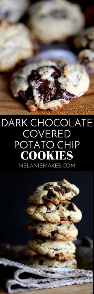These Dark Chocolate Covered Potato Chip Cookies are the perfect sweet and salty combination. Dark chocolate covered potato chips, dark chocolate chips and pecans bespeckle this delicious cookie base. Warm from the oven, the chocolate puddles in each crevice and at room temperature, the potato chips lend their crunch to this sweet treat. #darkchocolate #chocolate #potatochip #cookies #easydessert