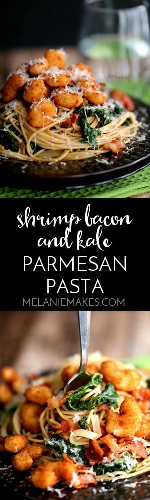 This eight ingredient Shrimp, Bacon and Kale Parmesan Pasta makes any dinner special and comes together in just 30 minutes. Your favorite pasta is dressed in balsamic vinegar and olive oil and studded with sauteed sliced onions and chopped kale. Everyone then gets the opportunity to top their bowls with popcorn shrimp, crispy bacon and a shower of Parmesan cheese.