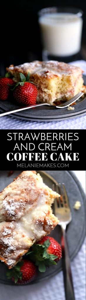This Strawberries and Cream Coffee Cake will have your family rolling out of their beds and making a beeline for the kitchen in record time. A thick swirl of cream cheese and strawberry jam is sandwiched between two layers of light as air coffee cake. This breakfast treat is then topped with a sugar and butter topping before being baked and then drizzled with a powdered sugar glaze.