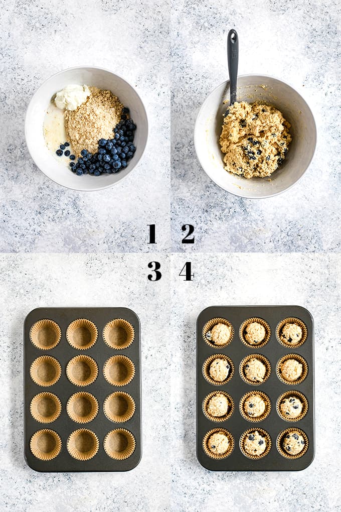 With a stir of a spoon and just four ingredients, you’ll be ready to put these Yogurt Blueberry Oatmeal Muffins in the oven before it’s even preheated! #blueberry #yogurt #oatmeal #muffins #breakfast #brunch How to prepare Yogurt Blueberry Oatmeal Muffins, steps 1-4.