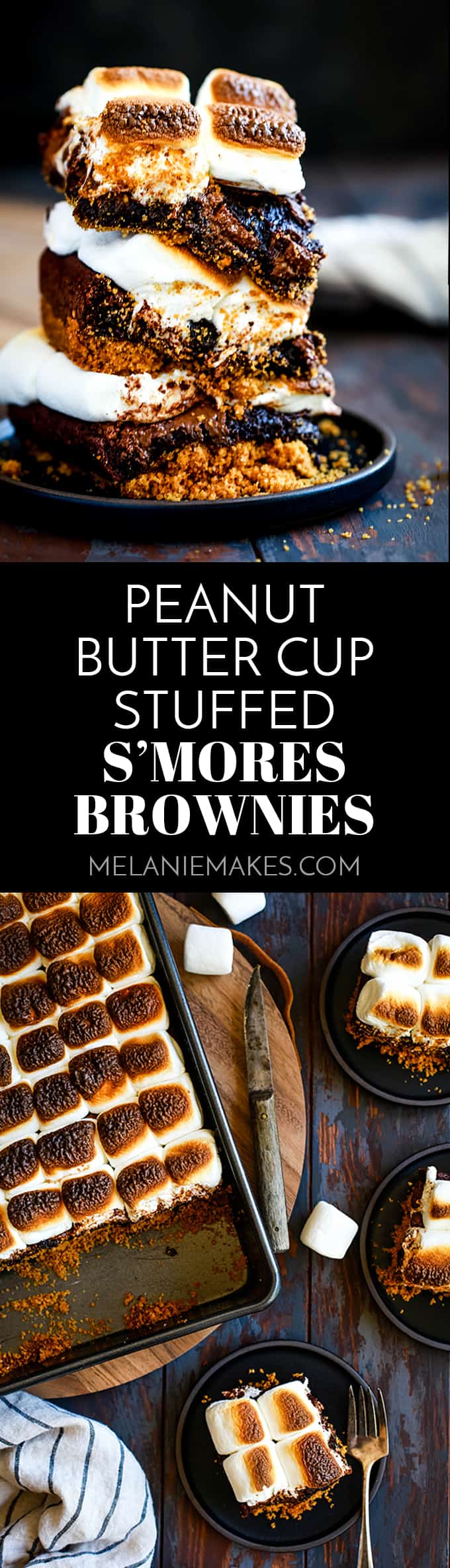 There’s no campfire needed for these Peanut Butter Cup Stuffed S’mores Brownies! A graham cracker crust base is topped with a rich brownie batter, peanut butter cups, candy bar and large jet-puffed marshmallows. Decadent and delicious! #smores #brownies #peanutbutter #marshmallows #desserts #dessertfoodrecipes