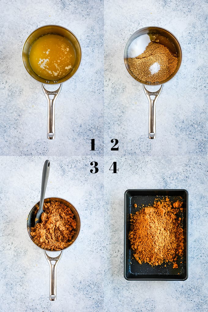 Step by step photos of how to create Peanut Butter Cup Stuffed S'mores Brownies, steps 1-4.