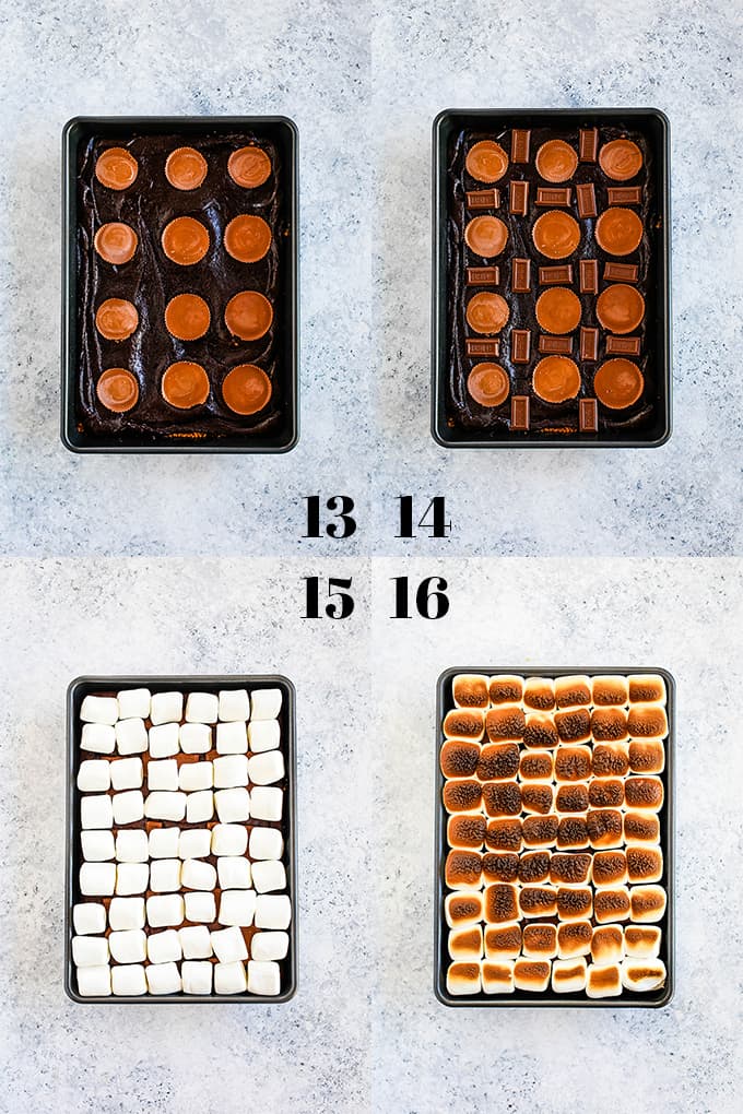 Step by step photos of how to create Peanut Butter Cup Stuffed S'mores Brownies, steps 13-16.