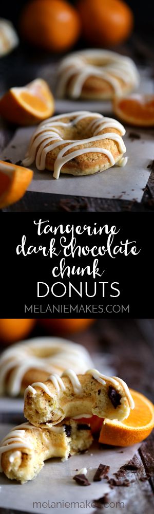 The classic flavor combination of orange and chocolate gets an upgrade with these Tangerine Dark Chocolate Chunk Donuts. Tangerine juice and zest flavor this light and fluffy baked donut that's studded with dark chocolate chunks. A tangerine spiked mascarpone cheese glaze is then drizzled over the top creating an irresistible morning treat.