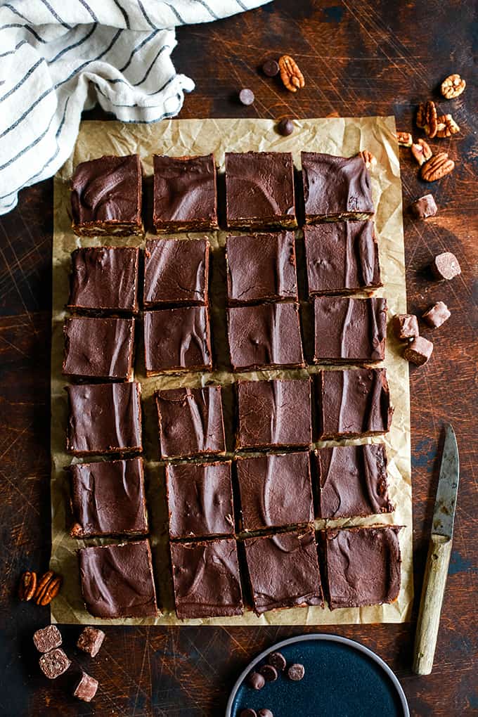 An overhead view of cut Easy Snickers Brownies.