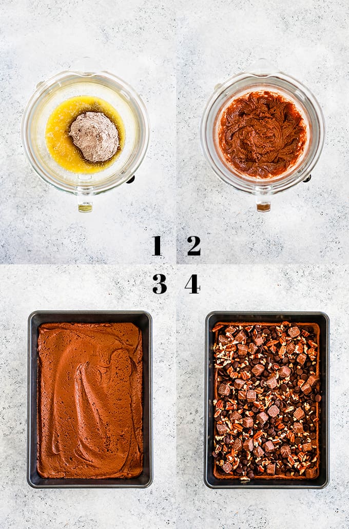How to make Easy Snickers Brownies, steps 1-4.