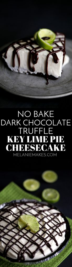This No Bake Dark Chocolate Truffle Key Lime Cheesecake brings fresh and bright citrus flavors to the table. An Oreo crust and a chocolate ganache drizzle pair perfectly with the luscious lime filling of this no bake cheesecake.