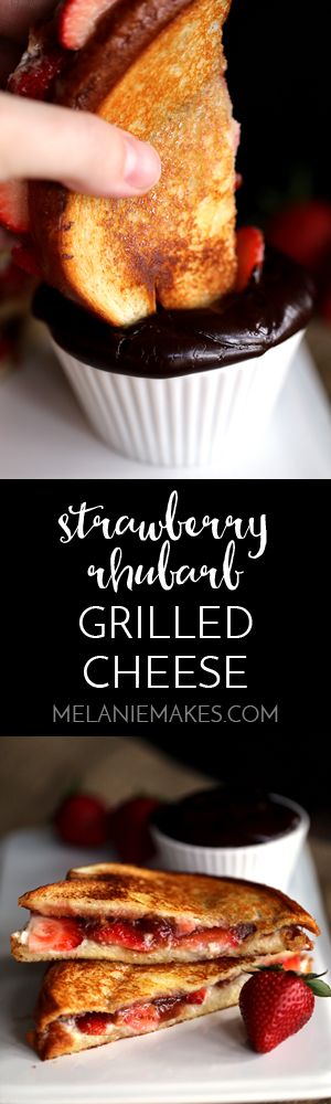 Hawaiian bread, mascarpone cheese, fresh strawberries and rhubarb strawberry preserves combine to create a Strawberry Rhubarb Grilled Cheese that is nothing short of melty perfection. Each sandwich is served alongside a velvety chocolate ganache which acts as the ultimate dipping sauce for this sweet treat.