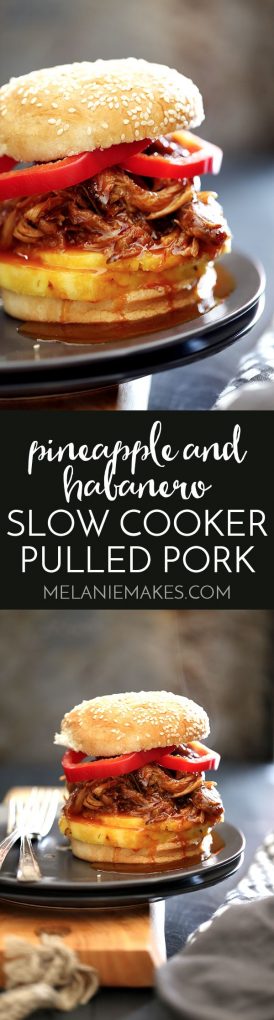 It takes just five minutes and three ingredients to create this sweet and spicy Pineapple and Habanero Slow Cooker Pulled Pork. It's then piled high on a toasted bun and sandwiched between slices of red pepper and fresh pineapple to create the messiest, most delicious pork sandwich that has ever met your lips.
