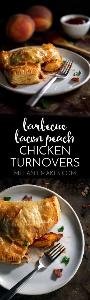 These Barbecue Bacon Peach Chicken Turnovers are full of flavor, yet easy enough for any weeknight.  Flaky pillows of puff pastry are stuffed with chicken, bacon, cheddar and roasted peaches that are stirred together with a bourbon barbecue sauce.