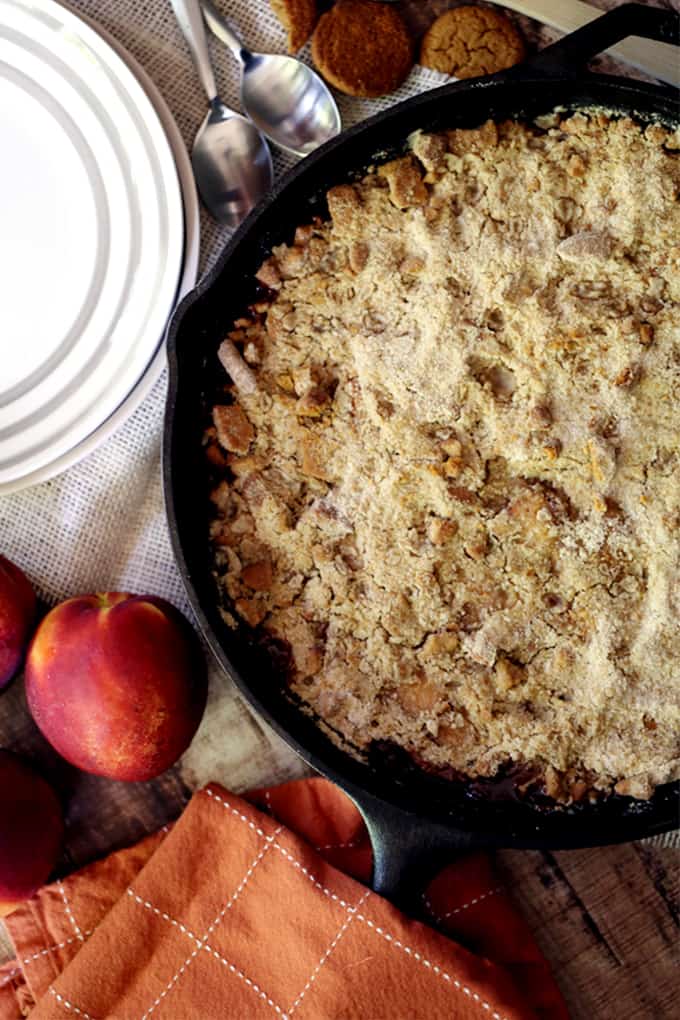 This Iron Skillet Caramel Nectarine Crisp is anything but ordinary, but so incredibly easy!  Slices of fresh nectarines are tossed with allspice and caramel before being topped with a gingersnap cookie crumble.  Topped with a scoop of ice cream, it's dessert perfection.