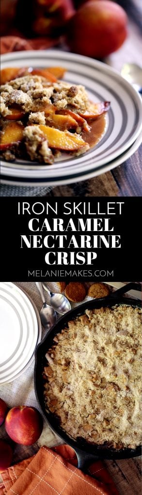 This Iron Skillet Caramel Nectarine Crisp is anything but ordinary, but so incredibly easy! Slices of fresh nectarines are tossed with allspice and caramel before being topped with a gingersnap cookie crumble. Topped with a scoop of ice cream, it's dessert perfection. #caramel #nectarines #peaches #skillet #easydessert #fruitcrisp #dessert #caramel