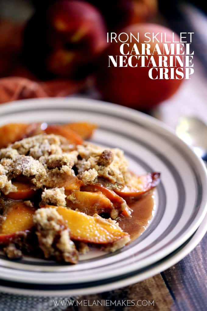 This Iron Skillet Caramel Nectarine Crisp is anything but ordinary, but so incredibly easy!  Slices of fresh nectarines are tossed with allspice and caramel before being topped with a gingersnap cookie crumble.  Topped with a scoop of ice cream, it's dessert perfection.