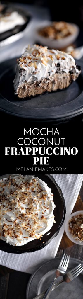 This Mocha Coconut Frappuccino Pie uses just seven ingredients and takes less than 10 minutes to create. Coffee ice cream, coconut pudding, whipped topping and my decadently delicious Mocha Hot Fudge Sauce are swirled together before being poured into an Oreo crust. More hot fudge, whipped topping and toasted coconut complete this frosty treat that is guaranteed to help you beat the summer heat!