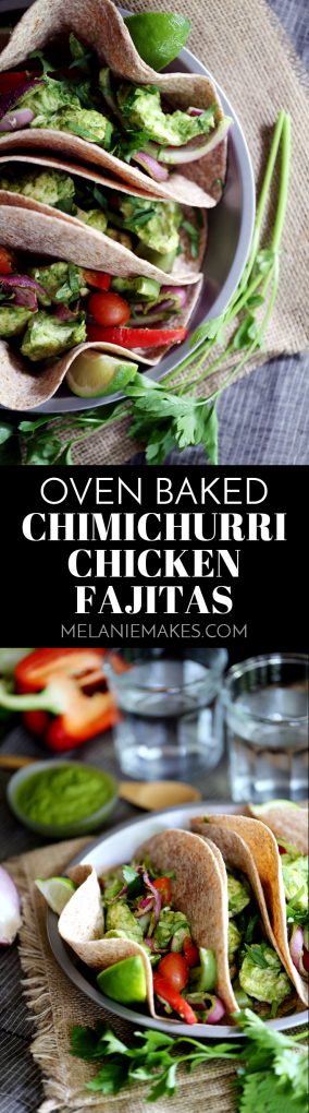 These Oven Baked Chimichurri Chicken Fajitas are bursting with bright fresh flavors thanks to a vibrant green chimichurri sauce.  Succulent strips of chicken breast marinate in the sauce before being oven baked and nestled into tortillas with bell peppers, red onions and grape tomatoes.  Fajitas have never been easier or more delicious!