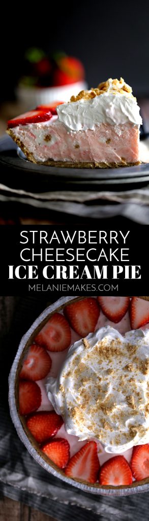 This Strawberry Cheesecake Ice Cream Pie takes just 10 minutes and five ingredients to prepare! Strawberry cheesecake ice cream is swirled together with cheesecake pudding and whipped topping before being poured into a graham cracker pie shell. It's then frozen before being garnished with slices of juicy strawberries, a pillowy cloud of additional whipped topping and a dusting of graham cracker crumbs. #strawberry #cheesecake #icecream #pie #easydessert