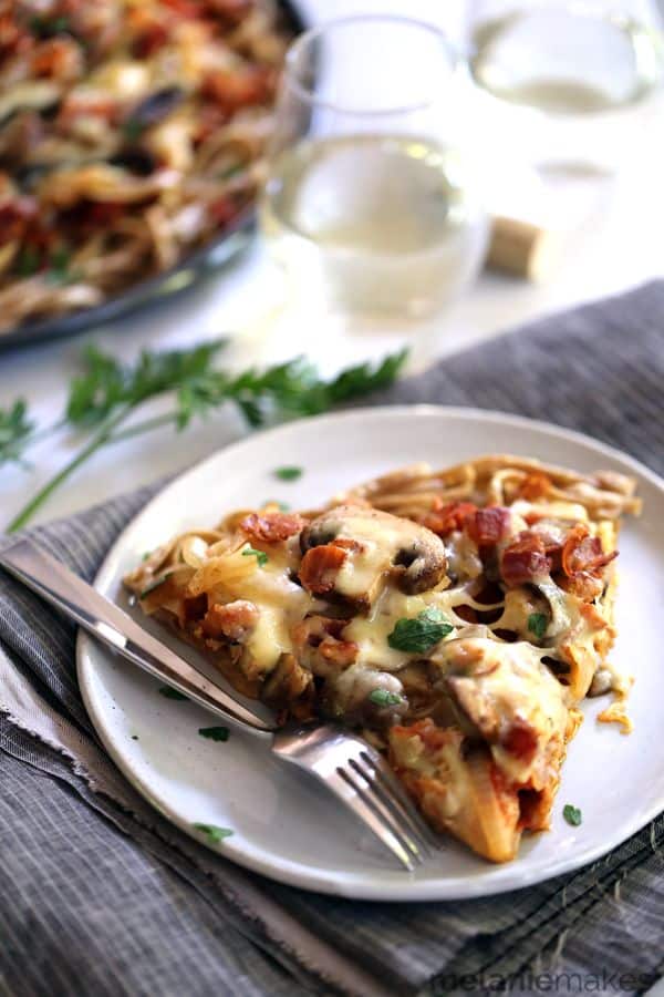 Chicken Bacon Swiss Spaghetti Pizza | Melanie Makes