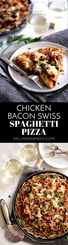 This Chicken Bacon Swiss Spaghetti Pizza is perfect for a night in or a night with friends.  A pasta crust spiked with Swiss cheese is the base of this masterpiece. Topped with bacon, chicken, mushrooms and onions which have all been cooked in rendered bacon fat, the entire pie is sprinkled with a generous amount of even more Swiss cheese.