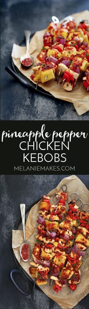A three ingredient marinade is the key to these easy, oven baked Pineapple Pepper Chicken Kebobs that are loaded with chicken, bell peppers, red onions and pineapple.