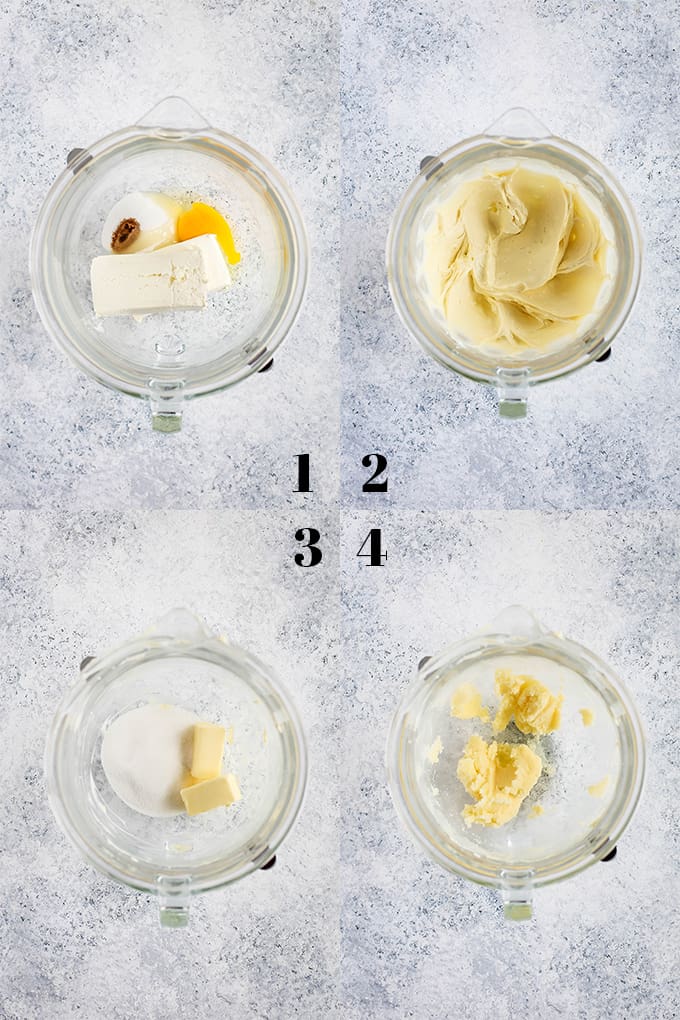 Step by step photos of how to create Caramel Apple Cheesecake Coffee Cake on a white speckled background.