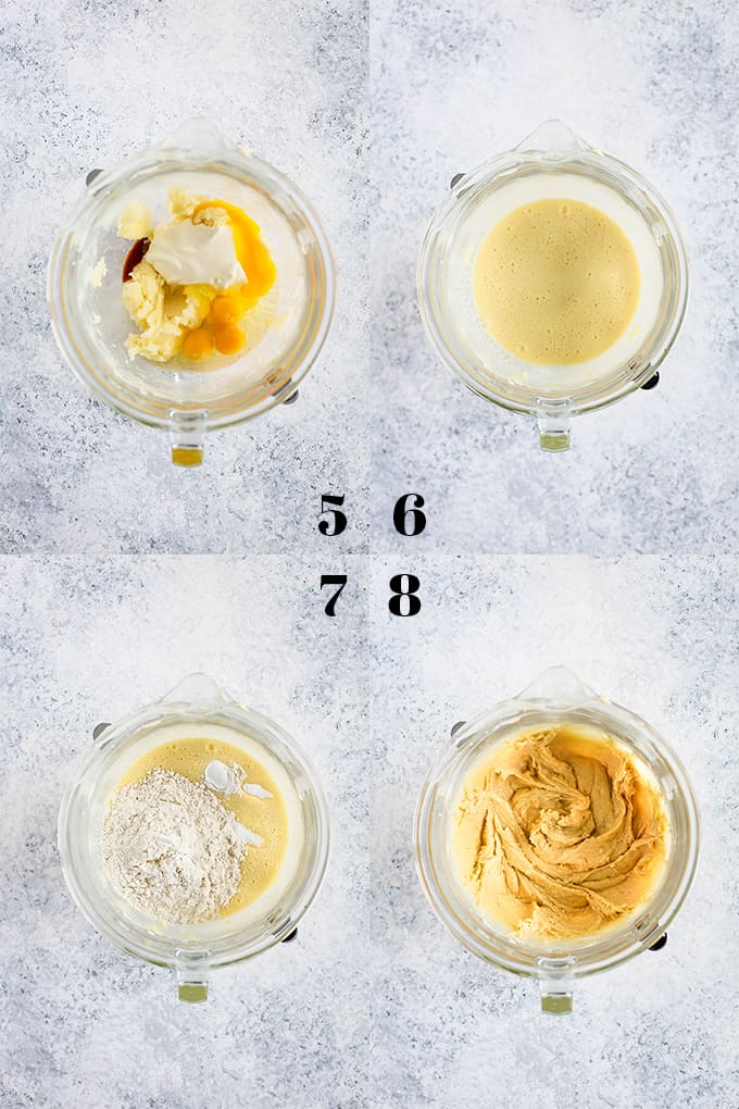 Step by step photos of how to create Caramel Apple Cheesecake Coffee Cake on a white speckled background.