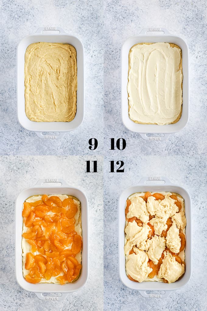 Step by step photos of how to create Caramel Apple Cheesecake Coffee Cake on a white speckled background.