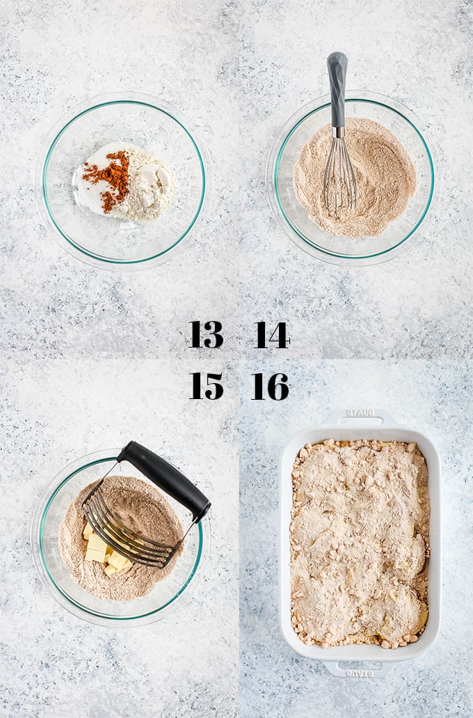 Step by step photos of how to create Caramel Apple Cheesecake Coffee Cake on a white speckled background.