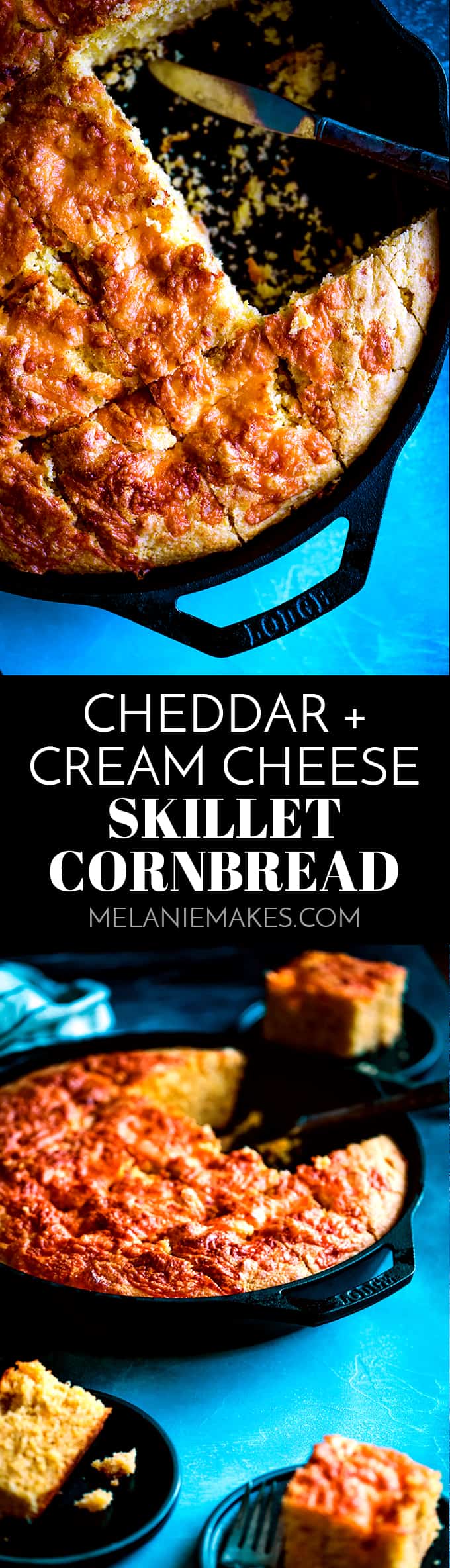 This Cheddar and Cream Cheese Skillet Cornbread is the cheesiest, mile high cornbread that will no doubt steal the show of any meal it accompanies. #cornbread #bread #sidedish #comfortfood #cheese #creamcheese #easyrecipe