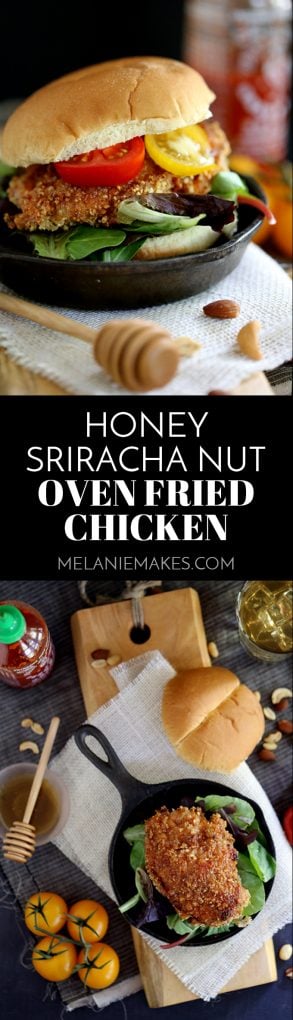 This seven ingredient Honey Sriracha Nut Oven Fried Chicken says so long to spattering oil and instead gets it's crispy crunch from an oven.  Marinated in buttermilk and coated in panko bread crumbs and mixed nuts before being bathed in a delicious honey Sriracha sauce, this chicken is the definition of sweet heat. #honey #sriracha #nut #friedchicken #oven #baked #dinner