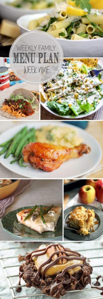 A visual weekly family friendly menu including five weeknight meals, a breakfast and dessert idea. Each featured recipe includes multiple photos for each dish. 