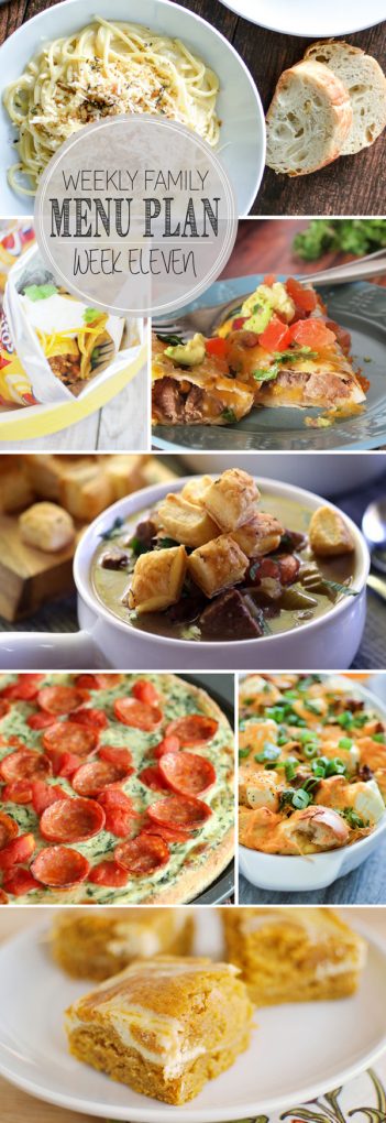 A visual weekly family meal plan including five weeknight meals, a breakfast and dessert idea. Each featured recipe includes multiple photos for each dish. 