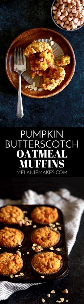 These Pumpkin Butterscotch Oatmeal Muffins take just five minutes to prepare thanks to my shortcut ingredient! #pumpkin #pumpkinrecipes #butterscotch #oatmeal #muffins #breakfast #breakfastrecipes #brunch