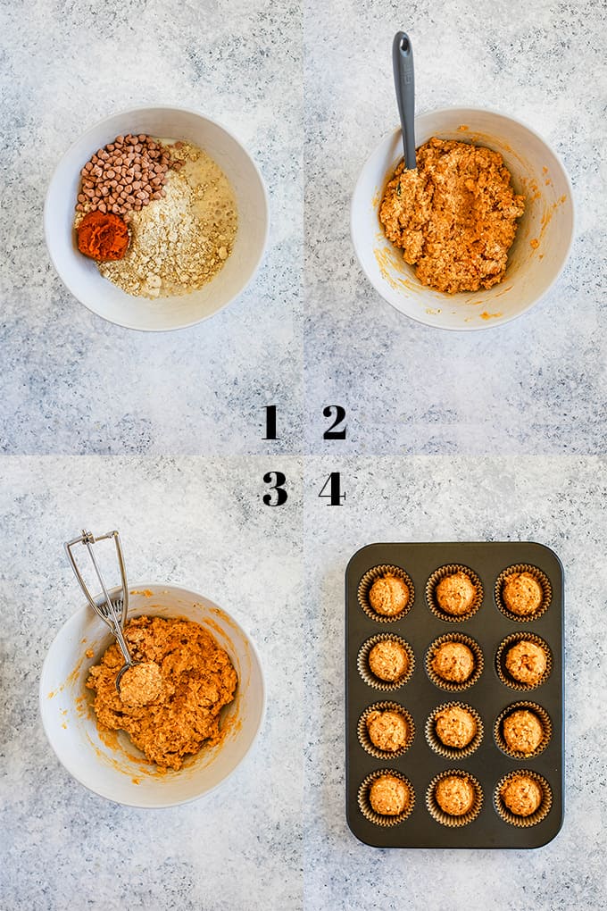 Step by step photos of how to make Pumpkin Butterscotch Oatmeal Muffins on a white speckled background.