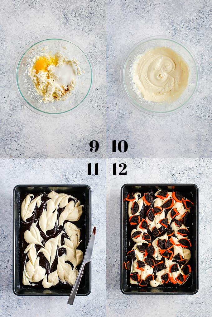 Step by step photos of how to create Pumpkin Spice Oreo Cheesecake Brownies on a white background.