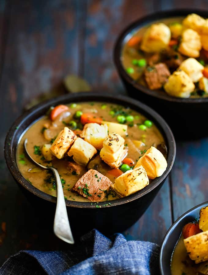 Slow Cooker Beef and Guinness Pot Pie Soup with Thyme Puff Pastry Croutons