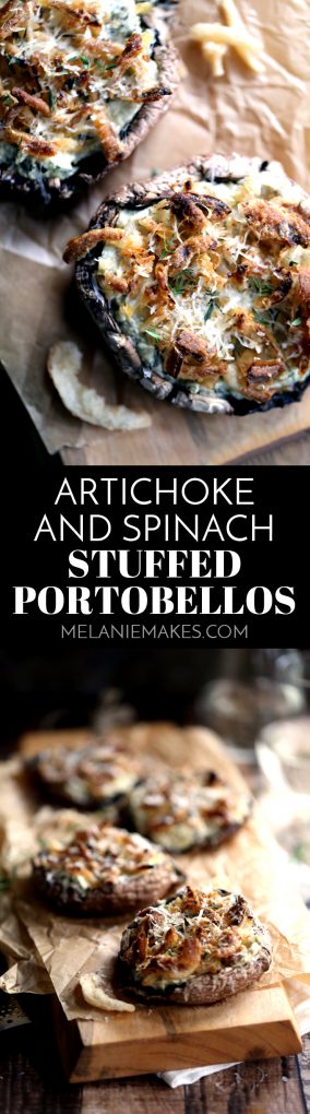 These five ingredient Artichoke and Spinach Stuffed Portobellos take just 10 minutes to prepare.  Meaty portobello mushroom caps are stuffed with artichoke spinach dip before being topped with french fried onions, fresh thyme and Parmesan cheese.  It's like Stuffed Mushrooms and Artichoke and Spinach Dip decided to get married and this recipe is the result of their beautiful relationship.
