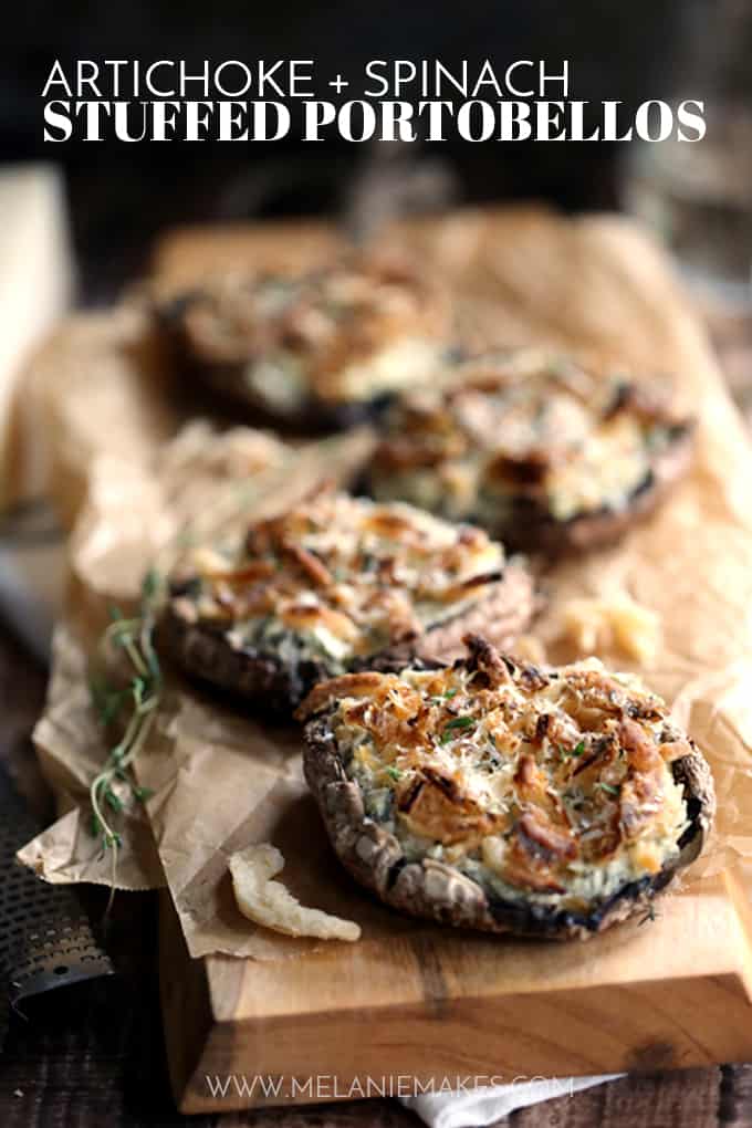 These five ingredient Artichoke and Spinach Stuffed Portobellos take just 10 minutes to prepare.  Meaty portobello mushroom caps are stuffed with artichoke spinach dip before being topped with french fried onions, fresh thyme and Parmesan cheese.
