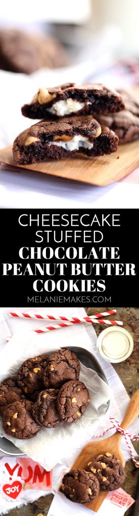 Decadent, almost brownie like, chocolate cookies are studded with peanut butter chips before being stuffed with a rich, cheesecake filling. These Cheesecake Stuffed Chocolate Peanut Butter Cookies are sure to disappear from your cookie jar at record speed.