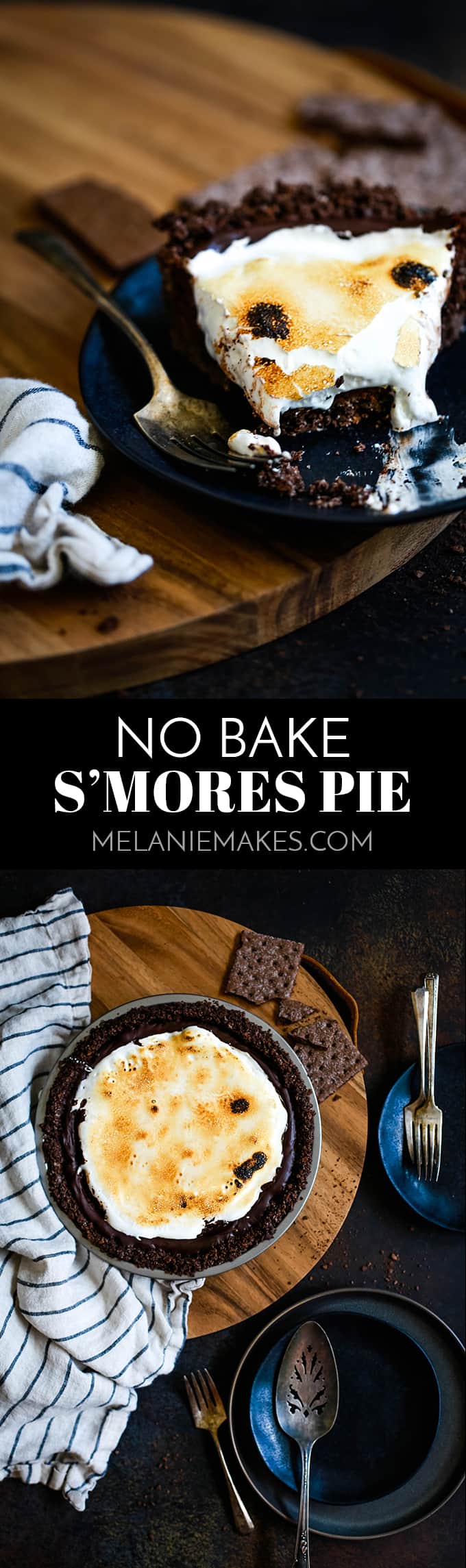 This Double Chocolate No Bake S’mores Pie is filled with chocolate ganache before being topped with a torched cloud of marshmallow fluff. #nobake #pie #smores #chocolate #easyrecipe #marshmallows