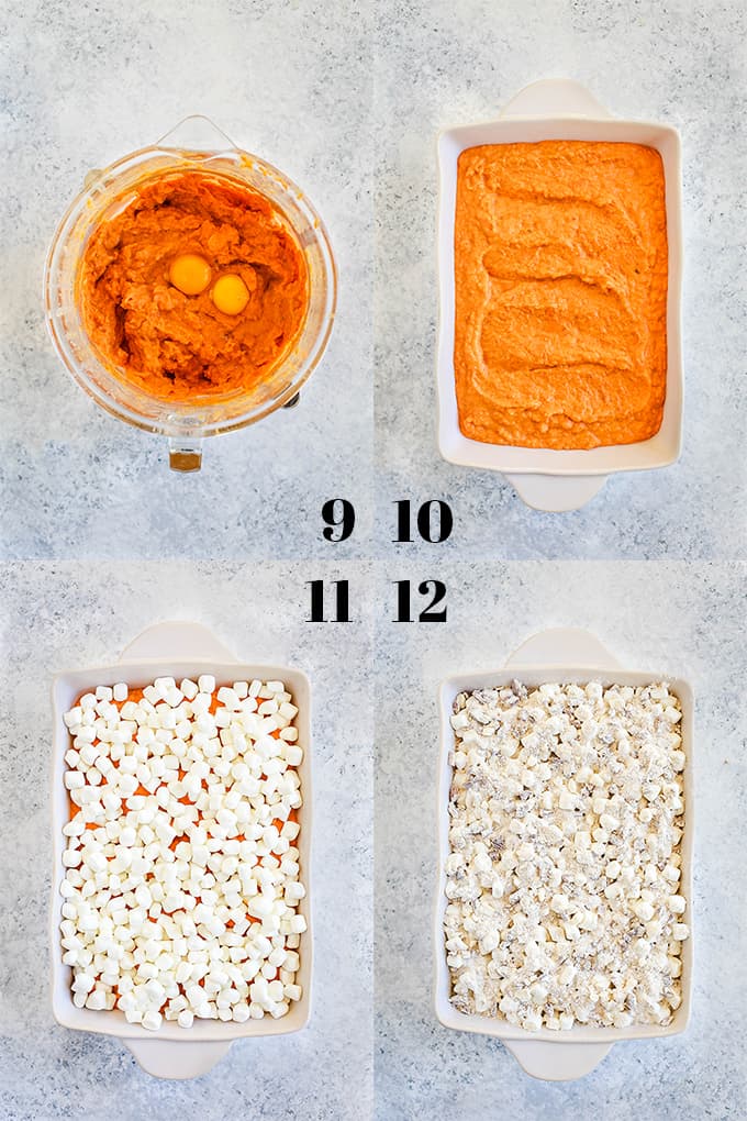 Step by step photos of steps 9-12 of how to create Make Ahead Sweet Potato Casserole.