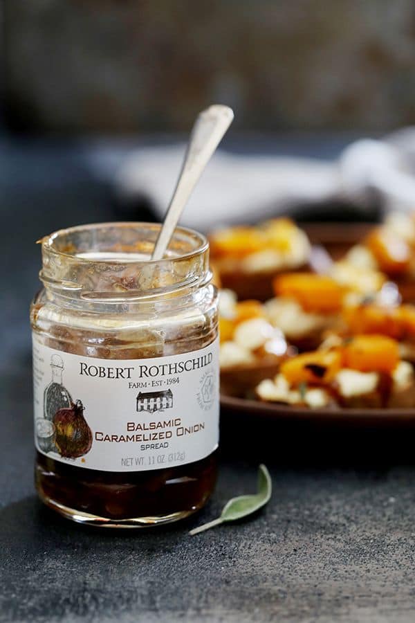 These Roasted Butternut Squash Bruschetta are not only easy on the eyes but they're also equally easy to assemble. Toasted bread slices are topped with a layer of ricotta cheese and then drizzled with balsamic caramelized onions before being studded with roasted butternut squash and sprinkled with fresh sage and toasted squash seeds.