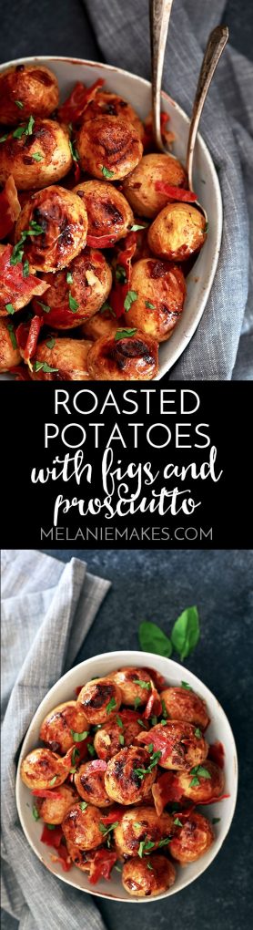 These Roasted Potatoes with Figs and Prosciutto take just 10 minutes to prepare and are a definite contender for easiest side dish ever! Buttery Yukon Gold potatoes are tossed in yogurt, figs, garlic and red pepper flakes before being showered with crisp sheets of prosciutto and ribbons of fresh basil.